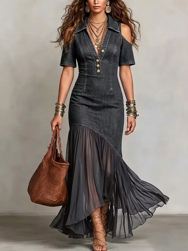 Presley | Denim Cold Shoulder Button Front Maxi Dress