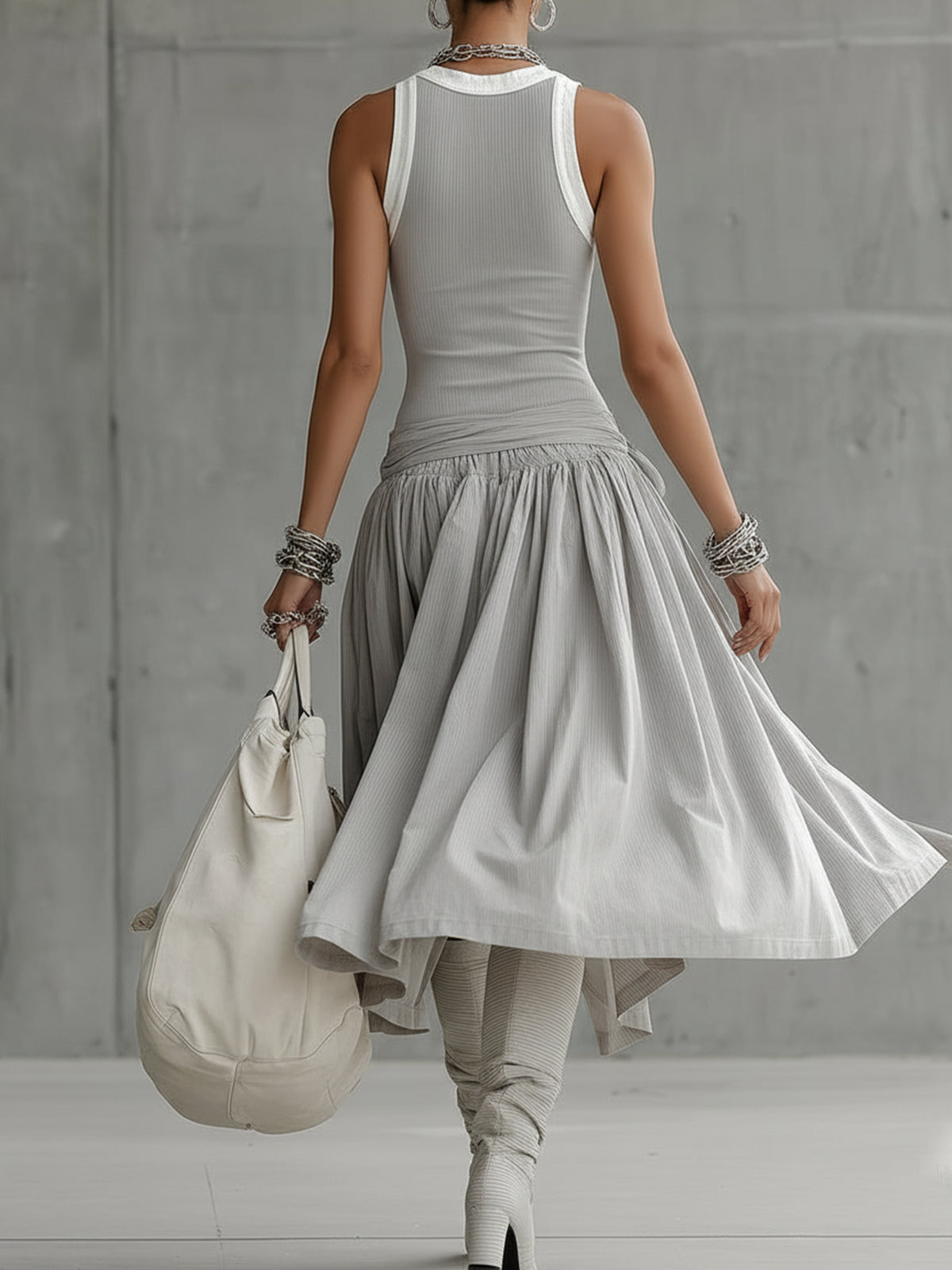 Chotika | Sleeveless Ribbed Grey Midi Dress