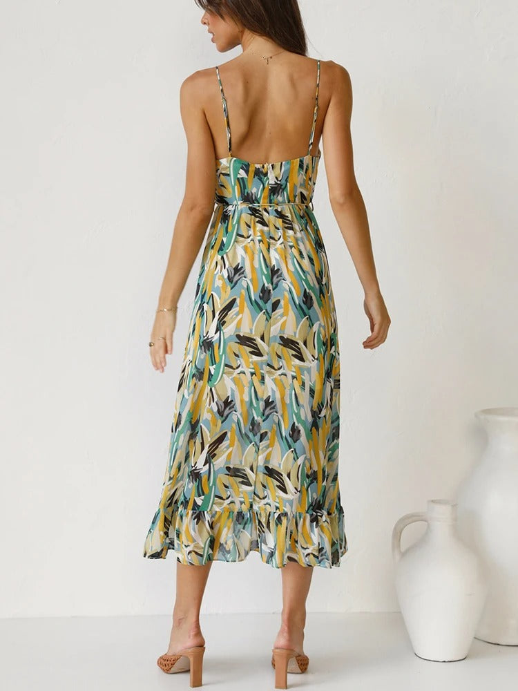 Emmeline | Printed Sleeveless V Neck Midi Dress