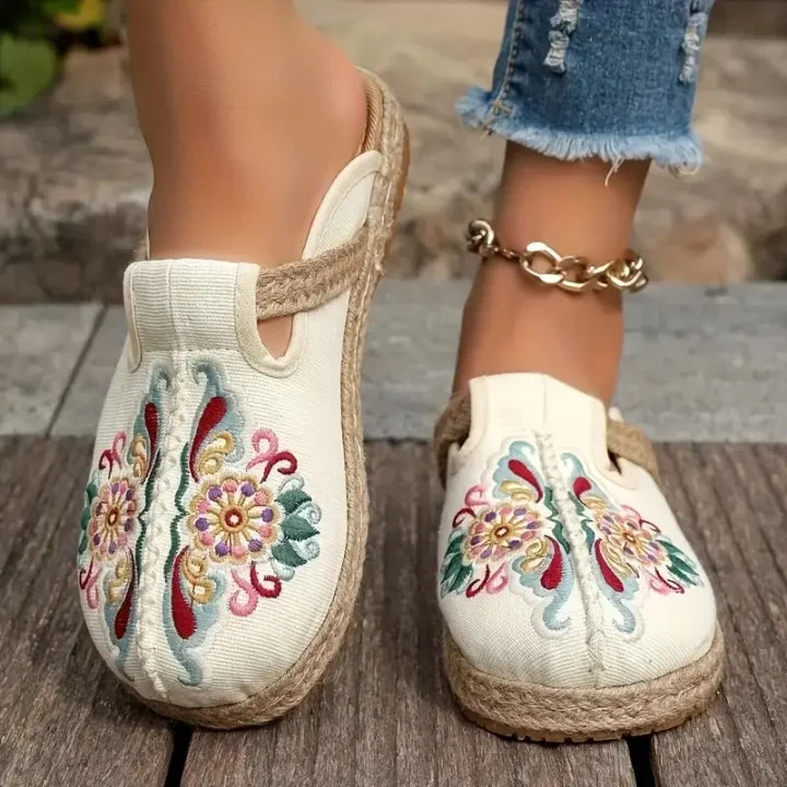 Katy | Floral Embroidered Slip-On Canvas Mules