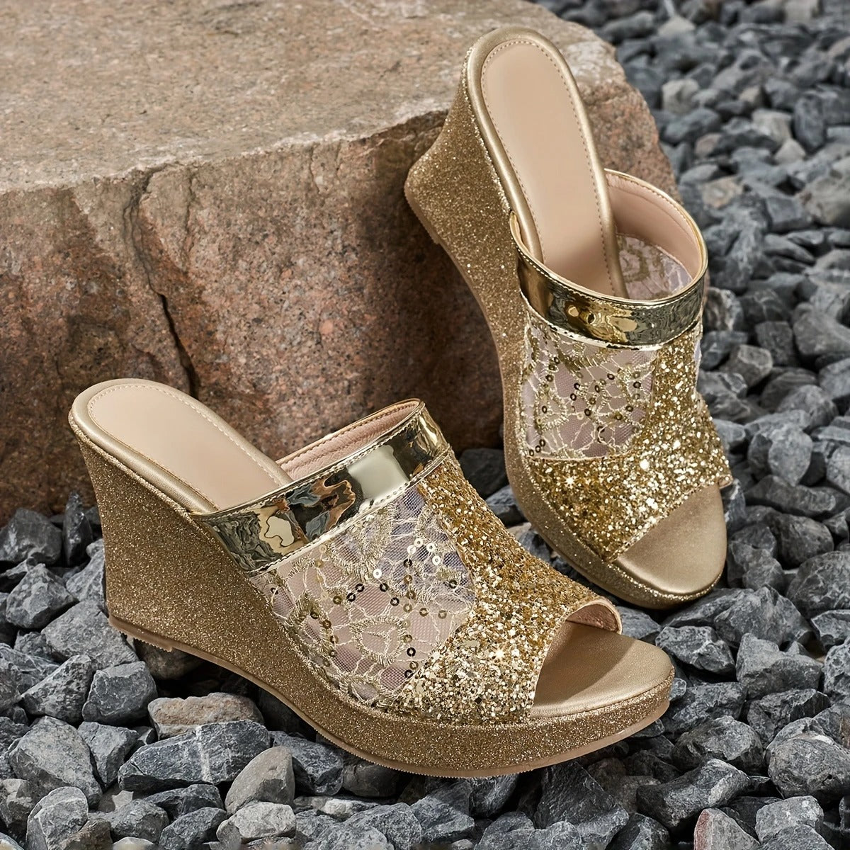 Alexis | Wedge Sandals With Lace Glitter Strap