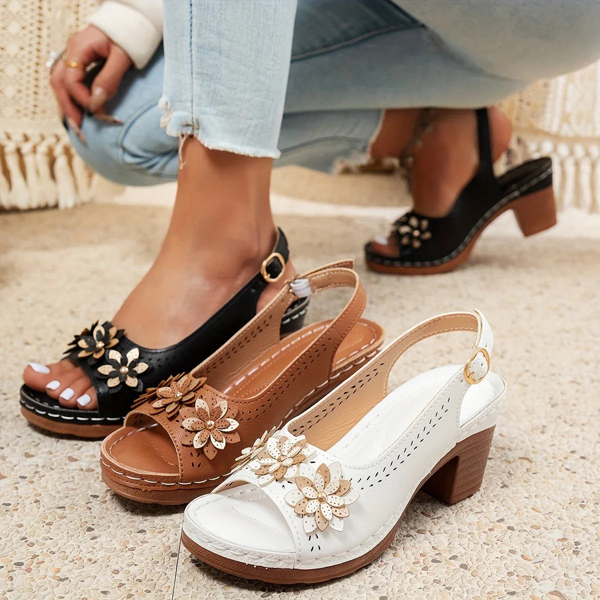 Haisley | Slingback Block Heel Floral Sandals