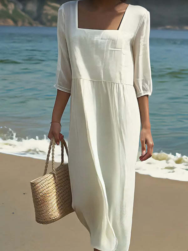 Odonnell - Square Neck White Midi Dress