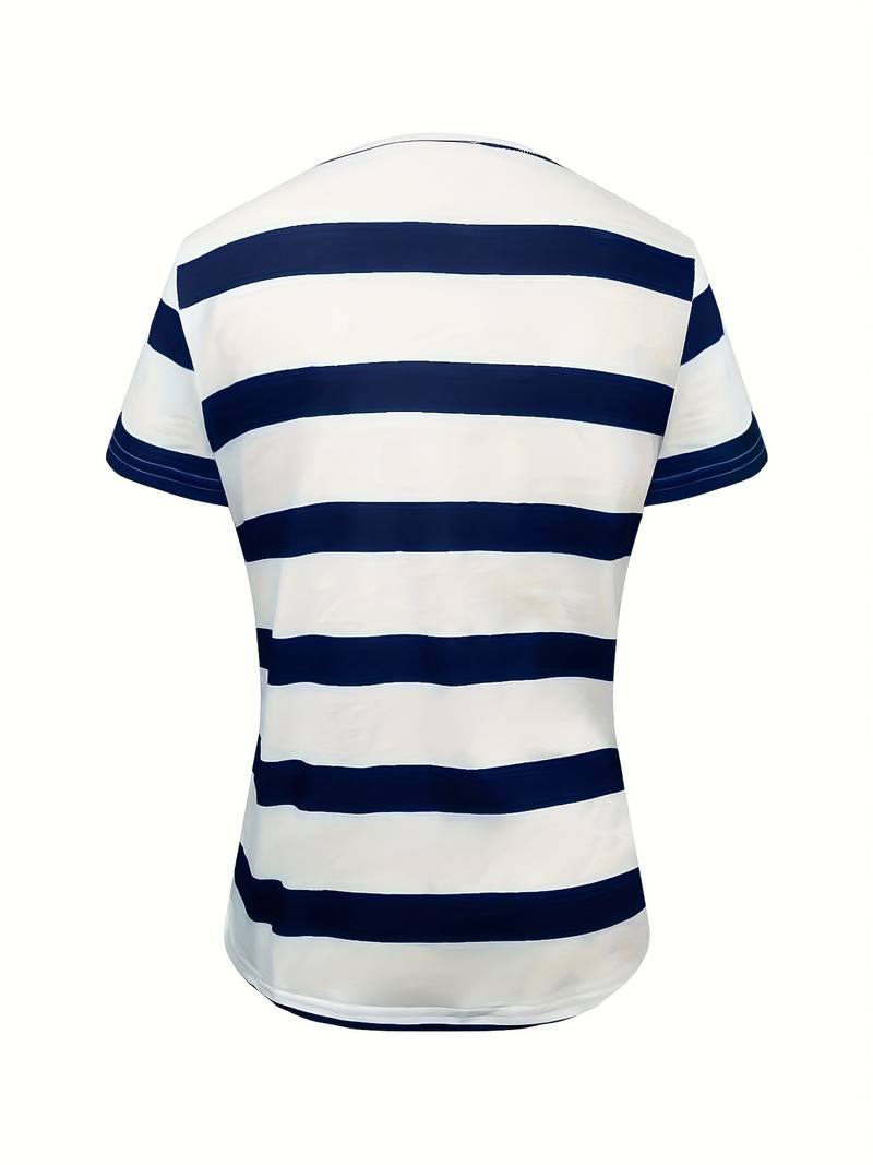 Kiley | Striped Split Neck Short Sleeve T-Shirt