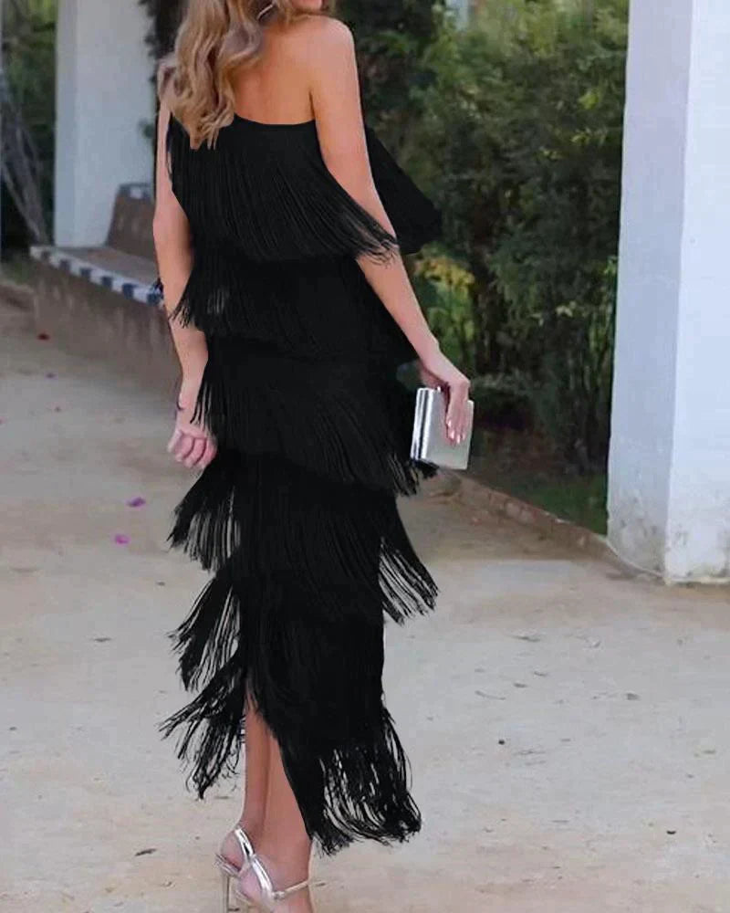 Tamira | One Shoulder Fringe Midi Dress