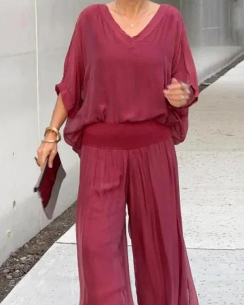 Anfisa | V Neck Wide Leg Two Piece Set