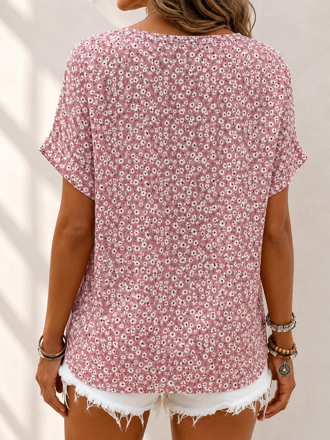 Verna - Floral Print Button Front Short Sleeve Blouse