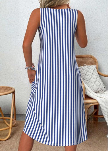 Emeely - Sleeveless Blue Stripe Midi Dress