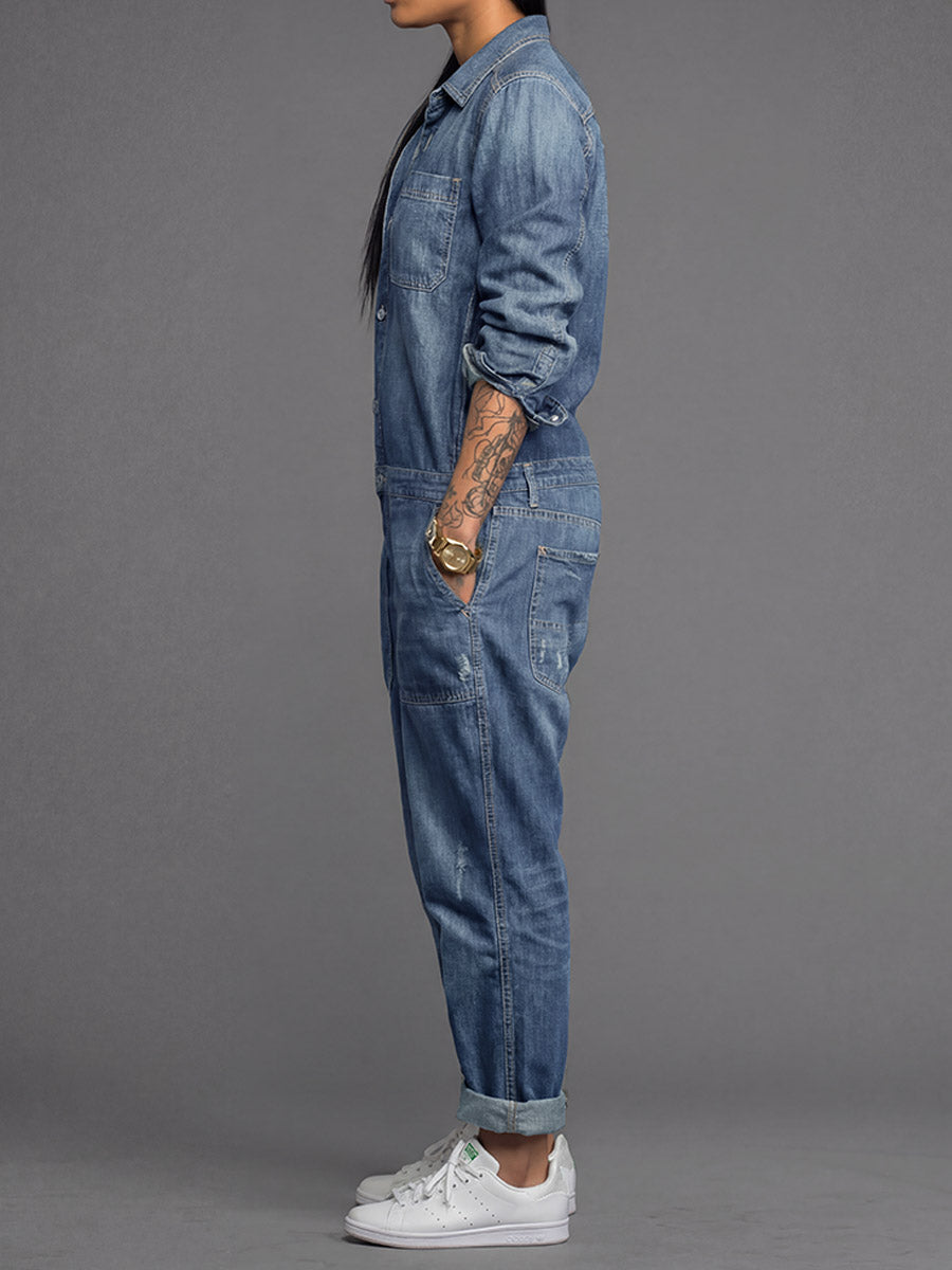 Ravina - Button Front Long Sleeve Utility Jumpsuit