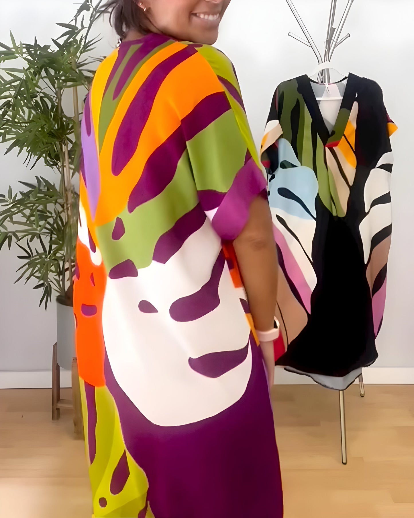 Ailsa | Abstract Print V-Neck Midi Kaftan Dress