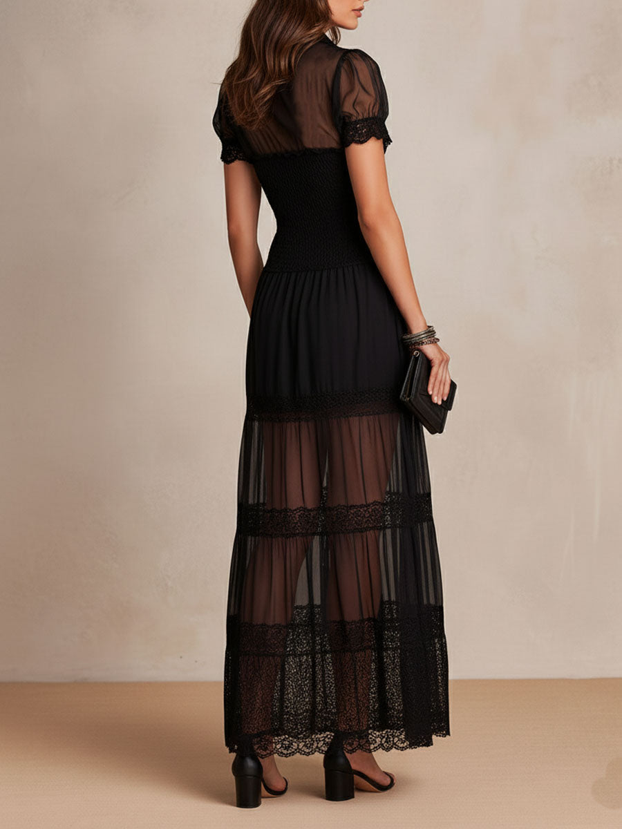 Charuek | Maxi Dress Sheer Lace Button-Front Short-Sleeve