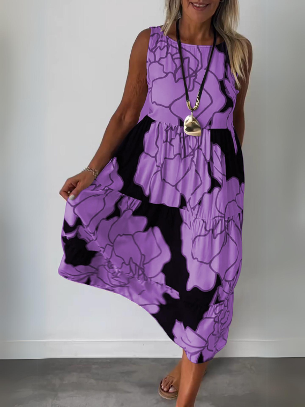 Hertha | Sleeveless Floral Print Tiered Midi Dress