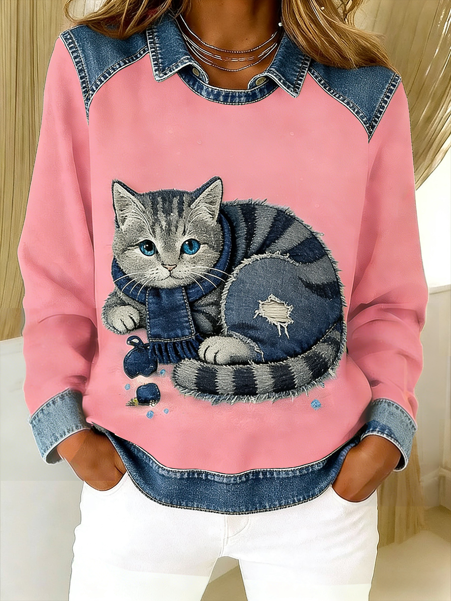 Eponin - Cat Print Denim Trim Sweatshirt