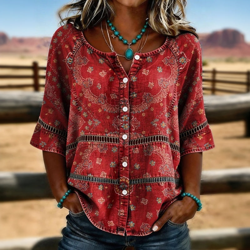 Christien | Blouse Red Floral Print Button Front