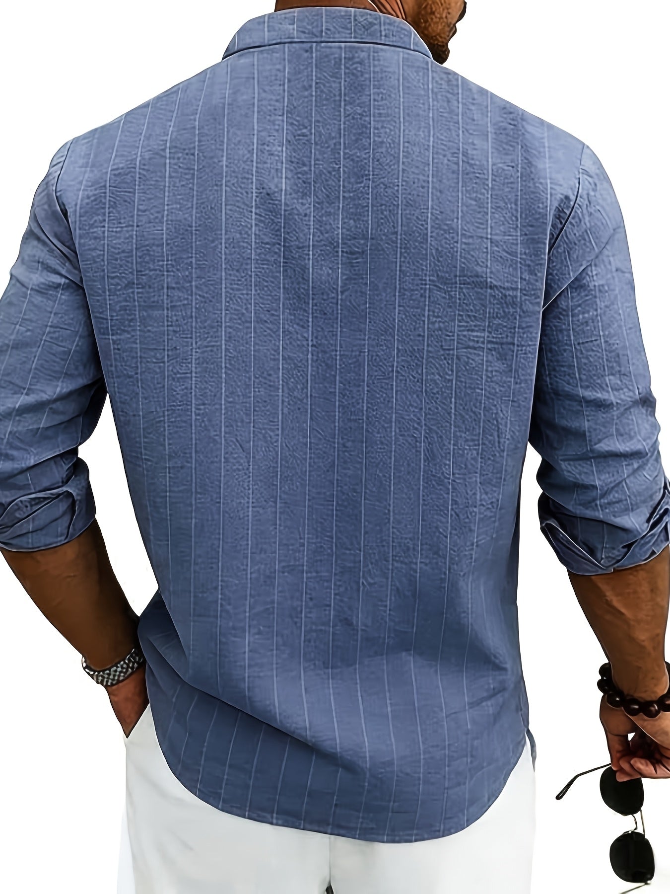Leslie | Long Sleeve Striped Band Collar Shirt