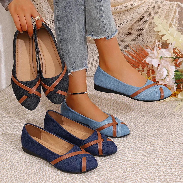 Shakina | Denim-Style Cross Strap Flats