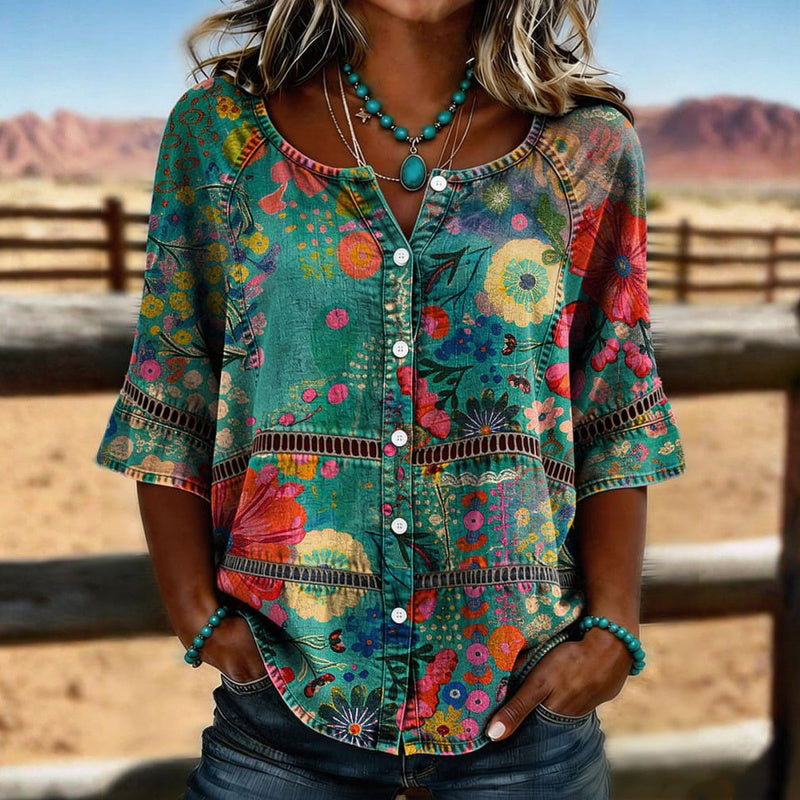 Lenny | Blouse Floral Print Three-Quarter Sleeve Top