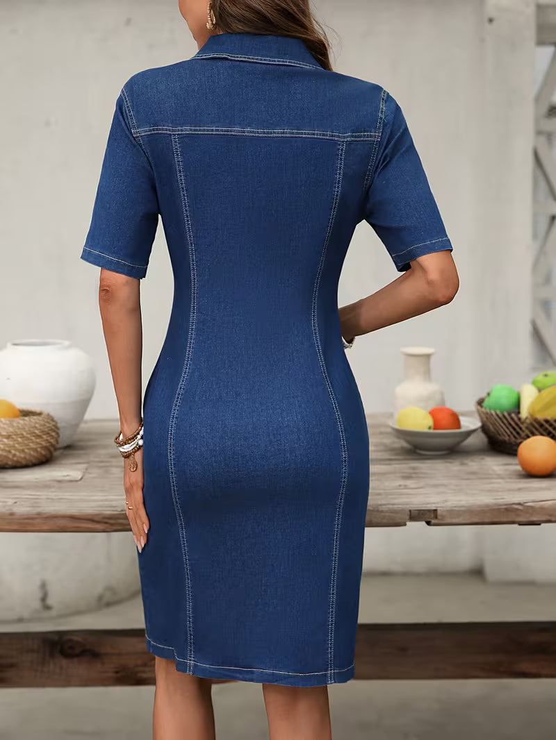 Serila | Denim Dress Short Sleeve Full-Zip Knee-Length