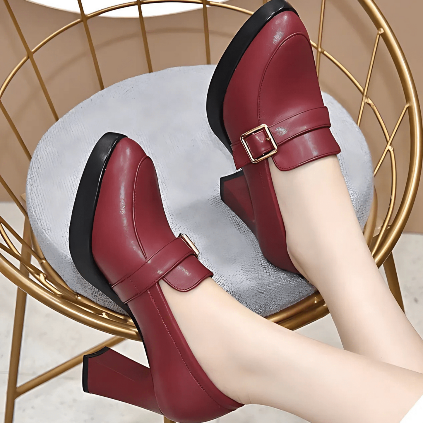 Lueena | Block Heel Round Toe Buckle Pumps