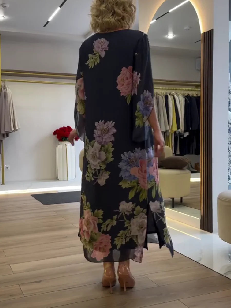 Yael | Floral Print Navy Maxi Dress Loose Fit