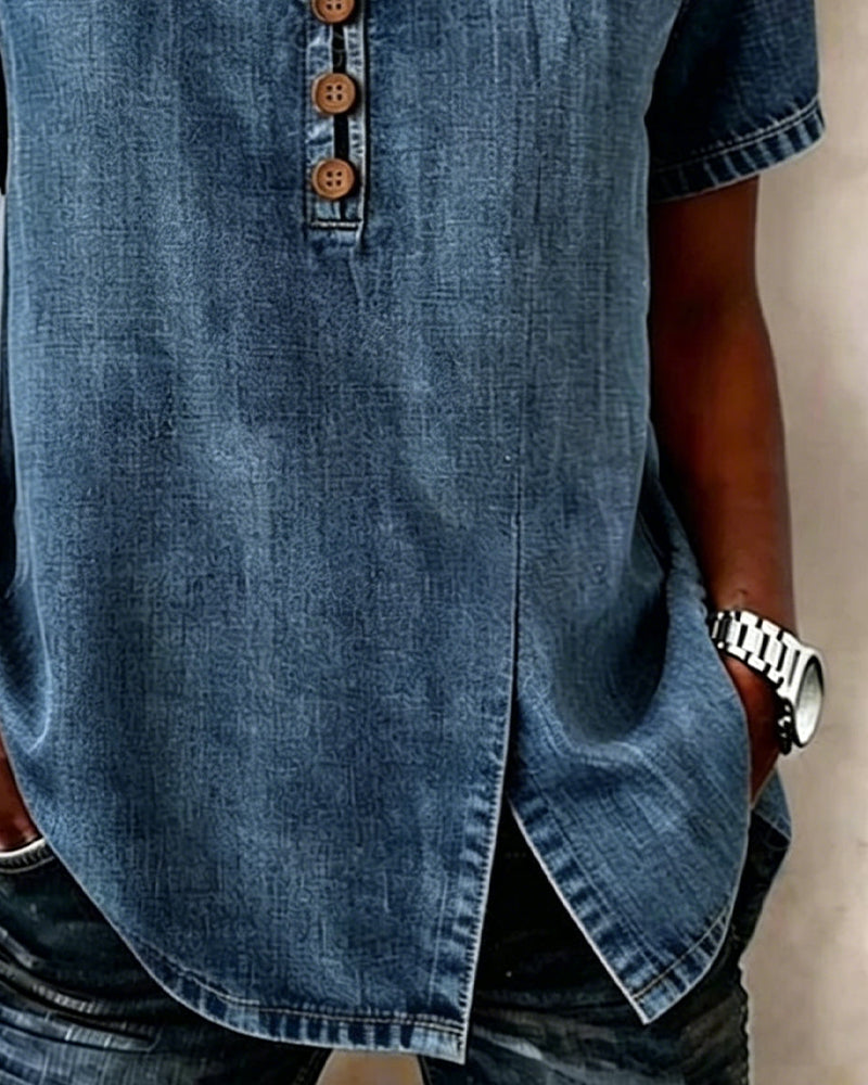Lyjena - Denim Style V Neck Split Blouse