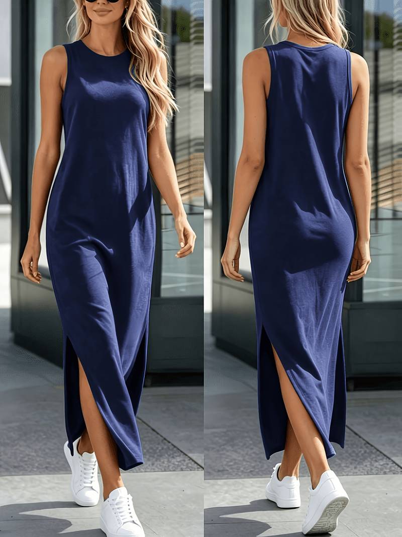 Hadjer | Sleeveless Round Neck Side Slit Maxi Dress