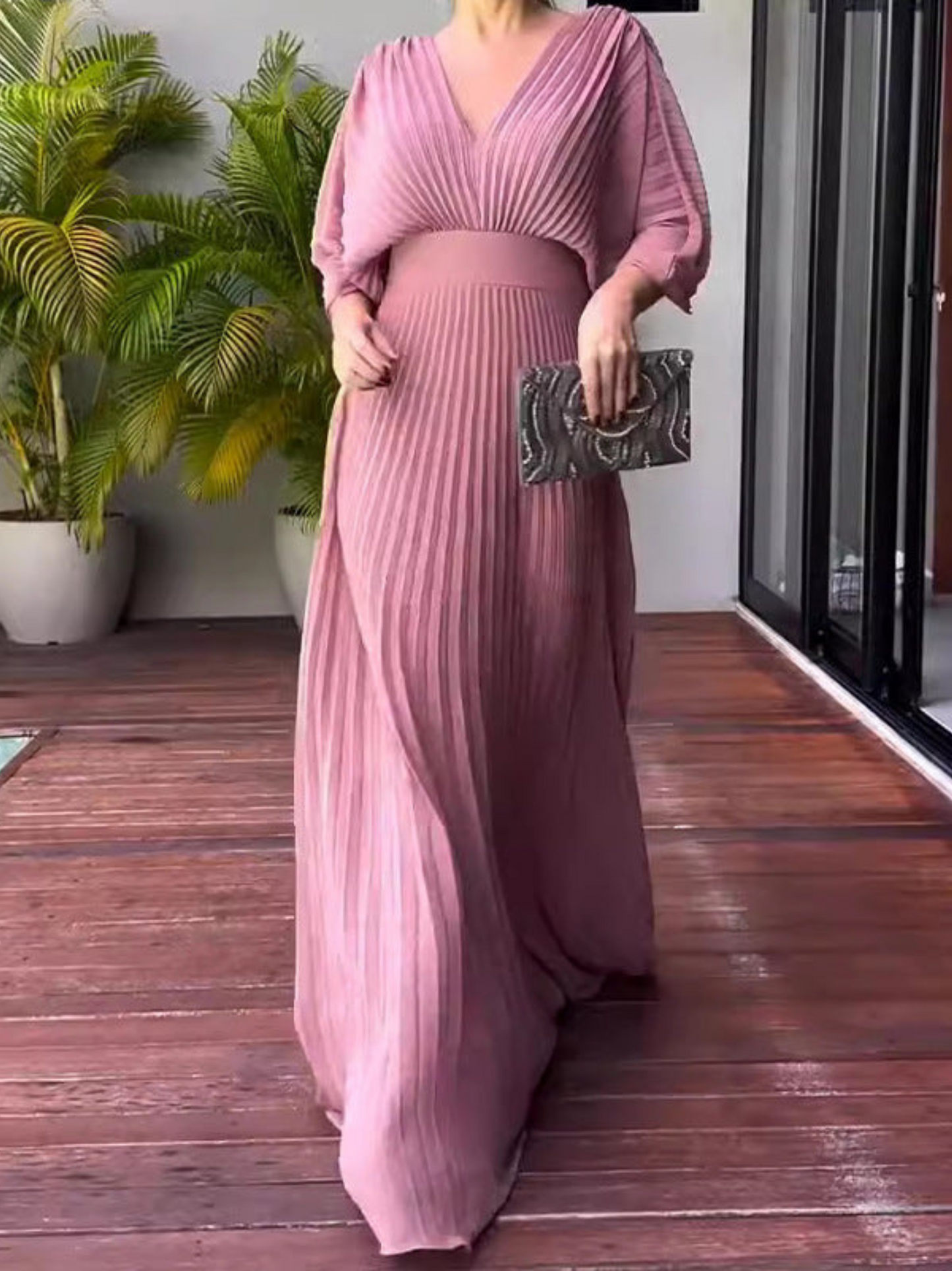 Valerija - Pleated V Neck Maxi Dress Short Sleeve