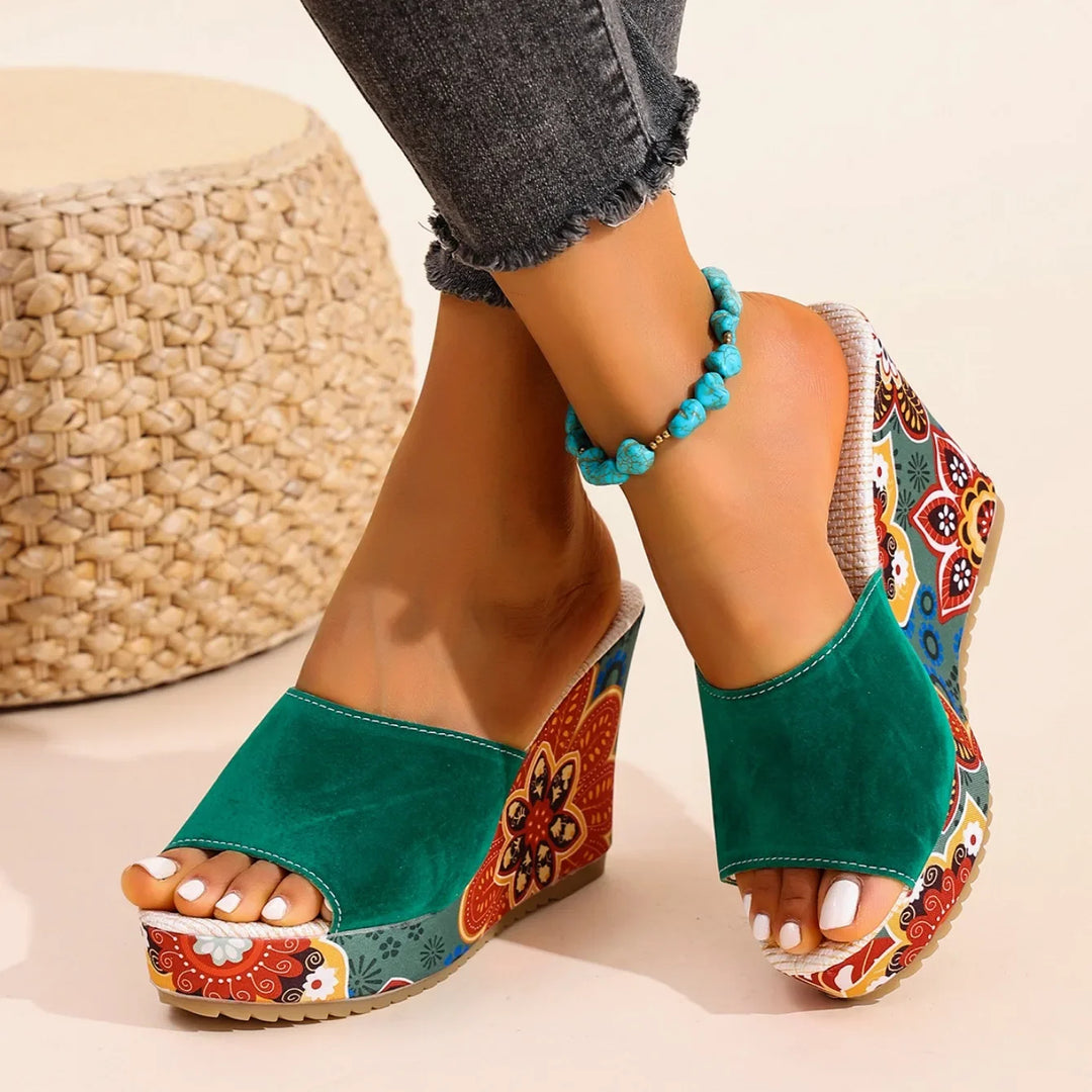Laerke - Floral Print Platform Wedge Slide Sandals