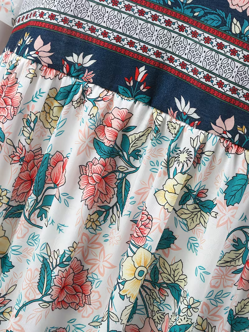Lisan | Floral Print V-Neck Short Sleeve Midi Dress