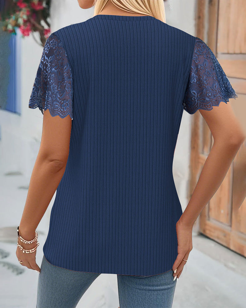 Lynza - Ribbed Lace Sleeve Keyhole Top