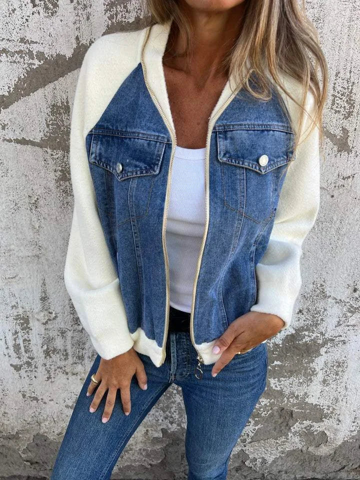 Hantika - Denim Panel Zip Up Jacket Contrast Sleeves