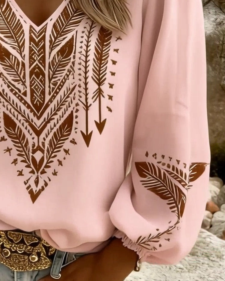 Grazina | Printed V Neck Puff Blouse
