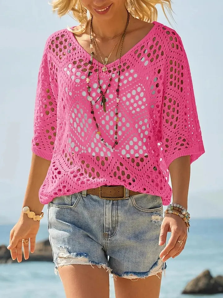 Raissa - Knitted V Neck Openwork Beach Top