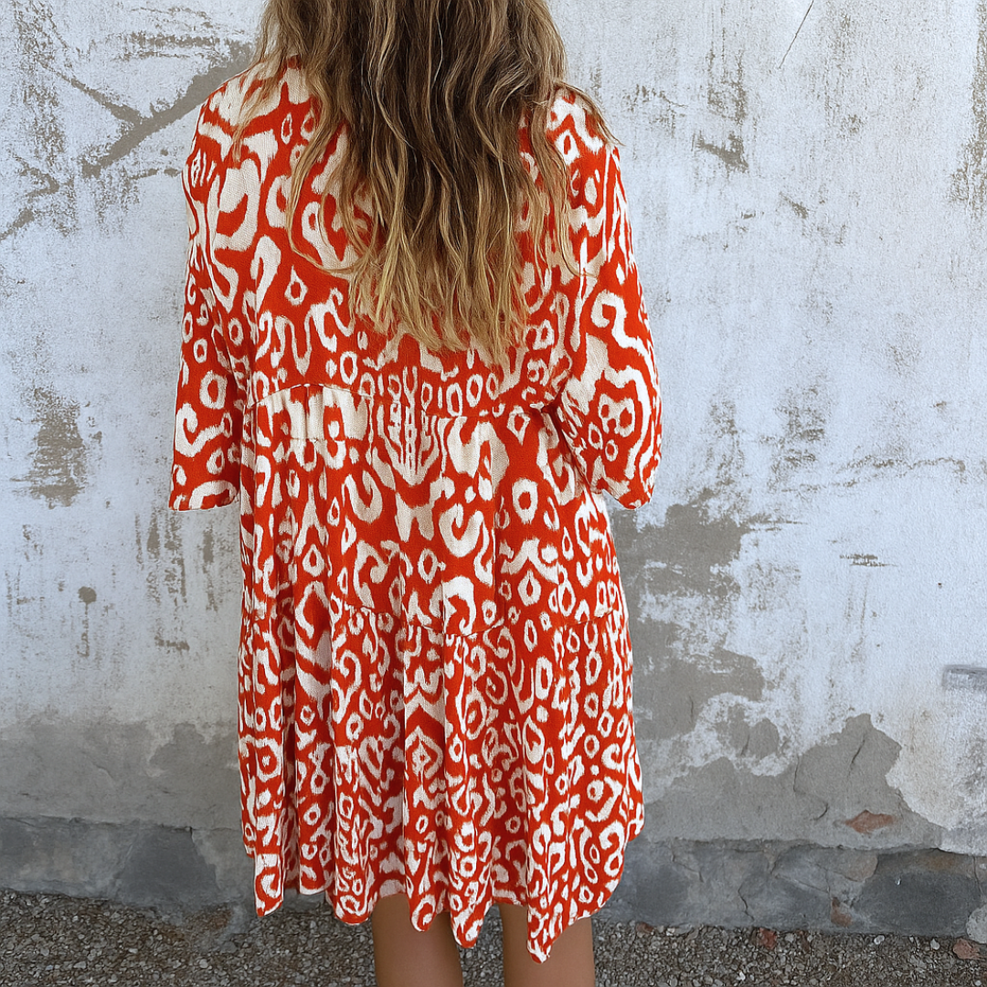 Shaffer | Printed V-Neck Smock Midi Dress