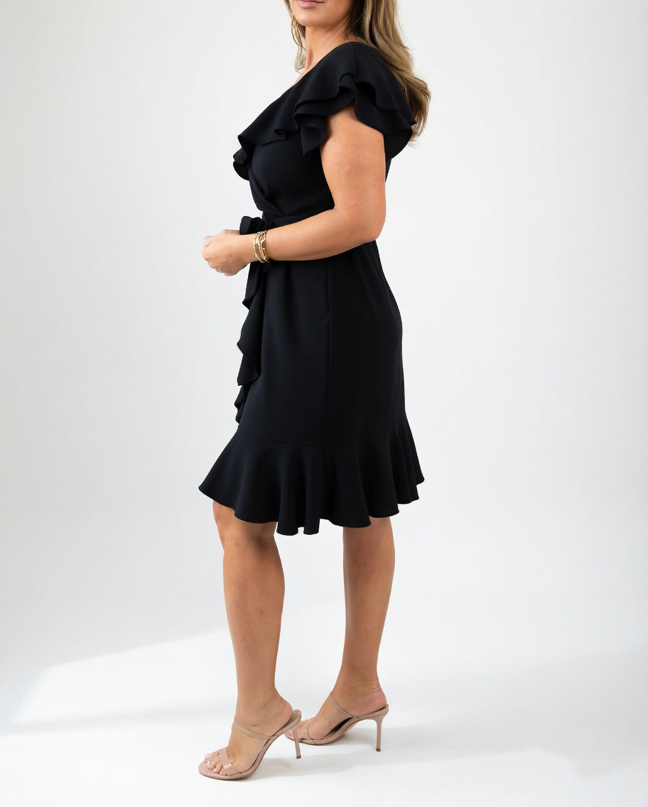 Geiss - Ruffle Wrap Dress V Neck Cap Sleeve