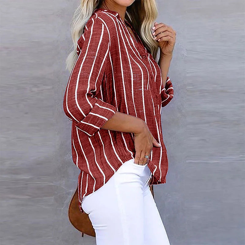 Zhenya - Striped Roll Sleeve Button Blouse