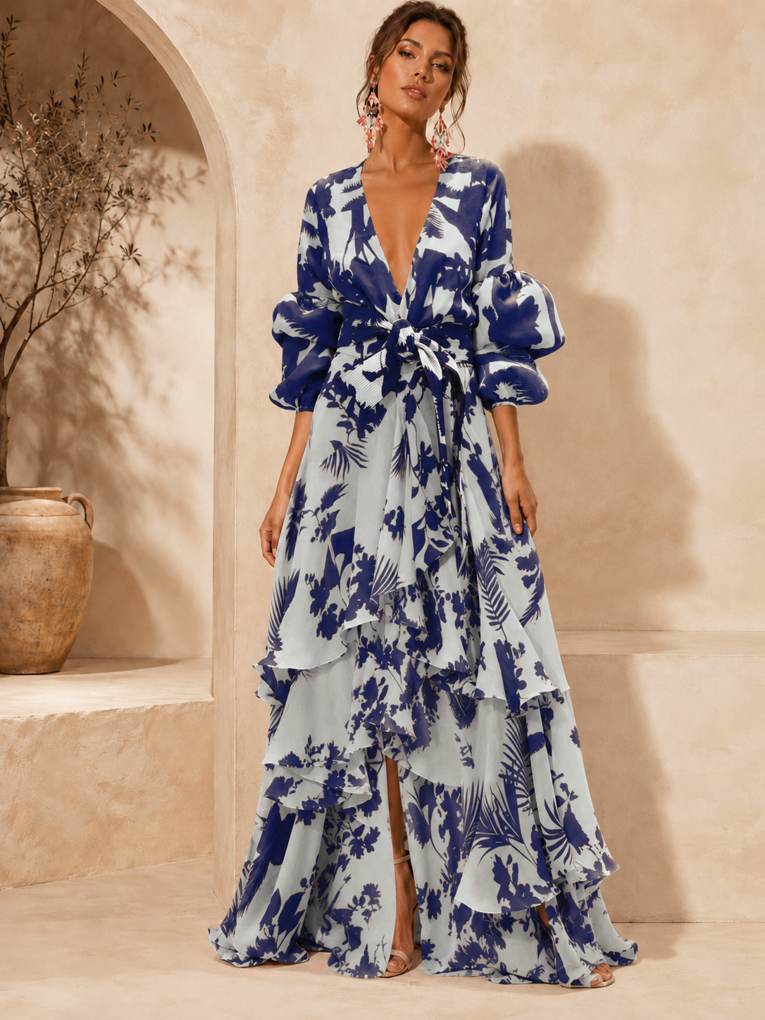 Liaya | Floral Print Deep V Neck Maxi Dress