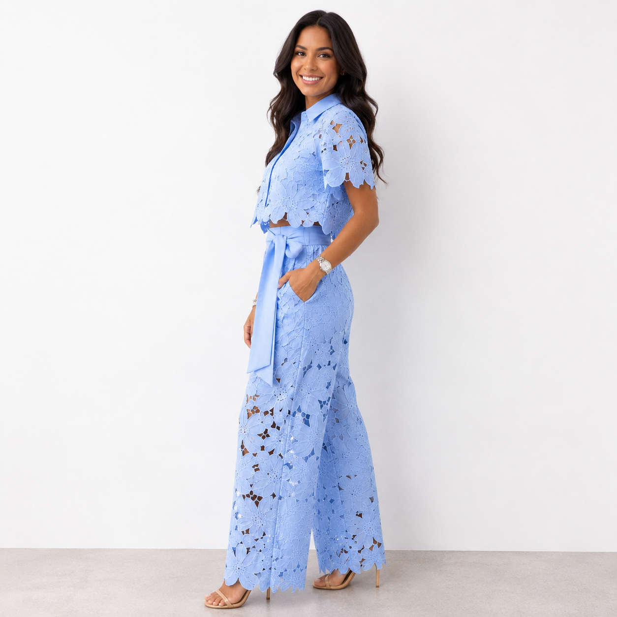 Anni | Lace Crop Shirt Wide Leg Trouser Set