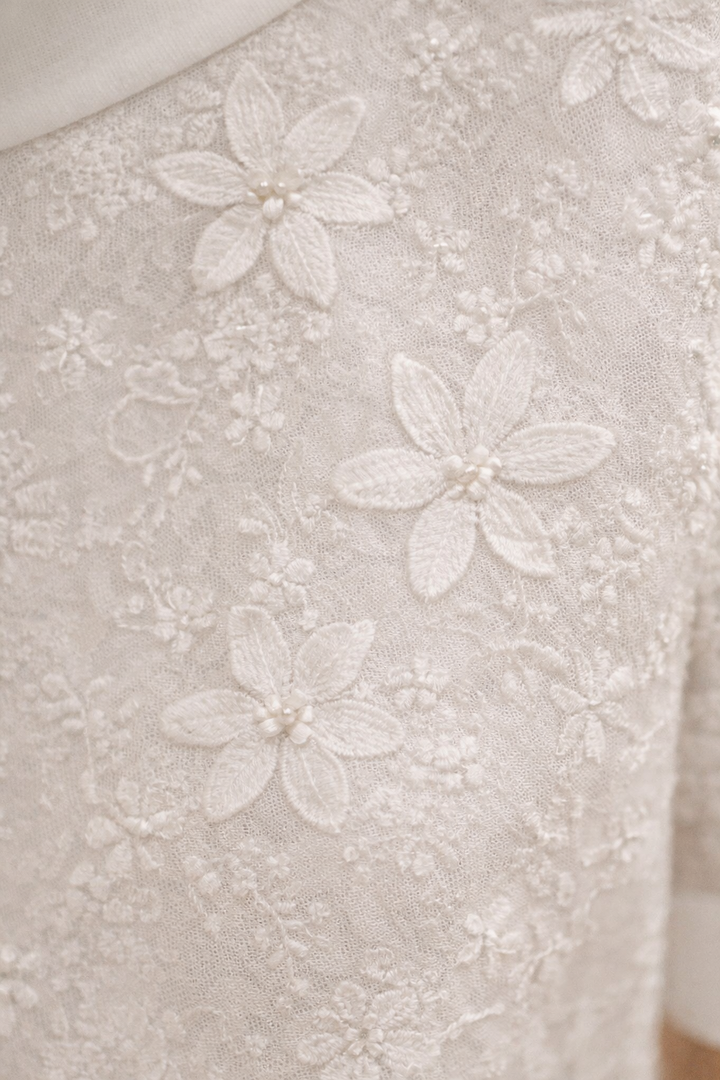 Minulya | Floral Embroidered Blouse Short Sleeve High Neck