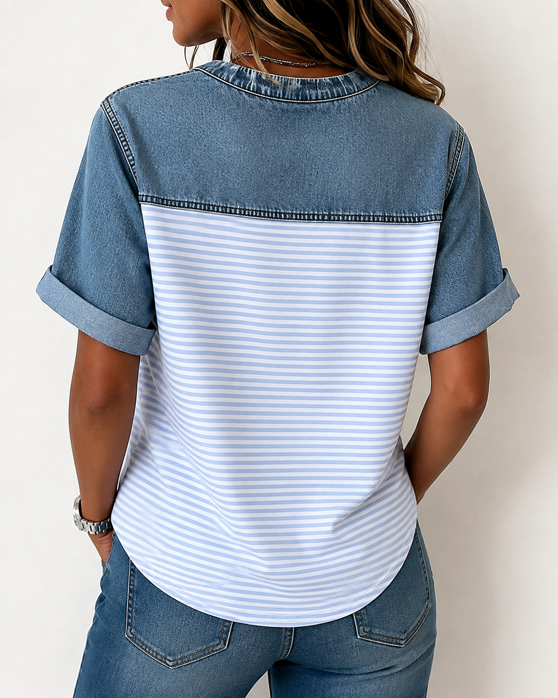 Tessie | Blouse with Denim-Style Striped Short Sleeves