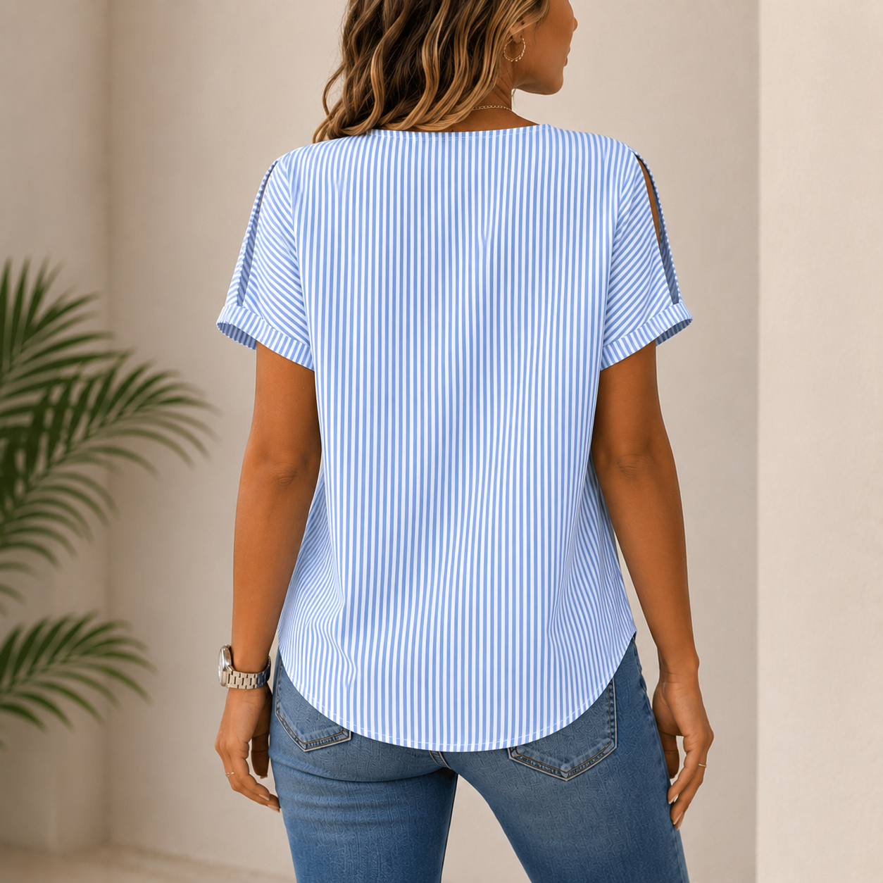 Shirri | Striped V-Neck Short Sleeve Blouse