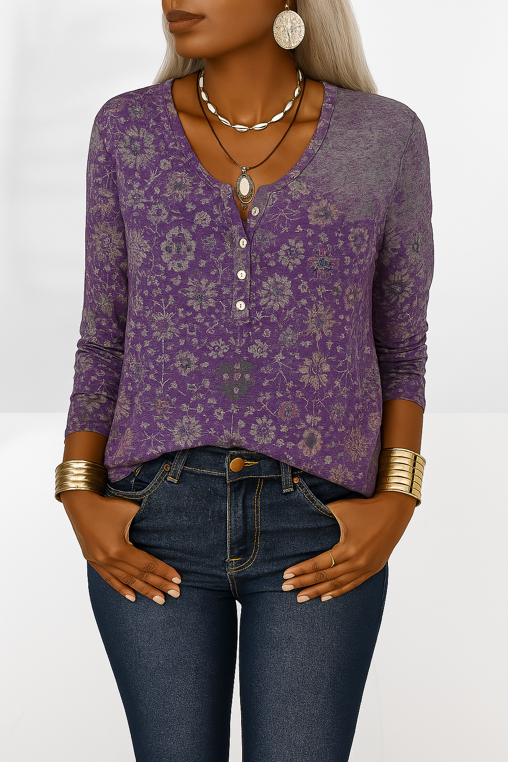 Flossie | Floral Print Henley Long Sleeve Top