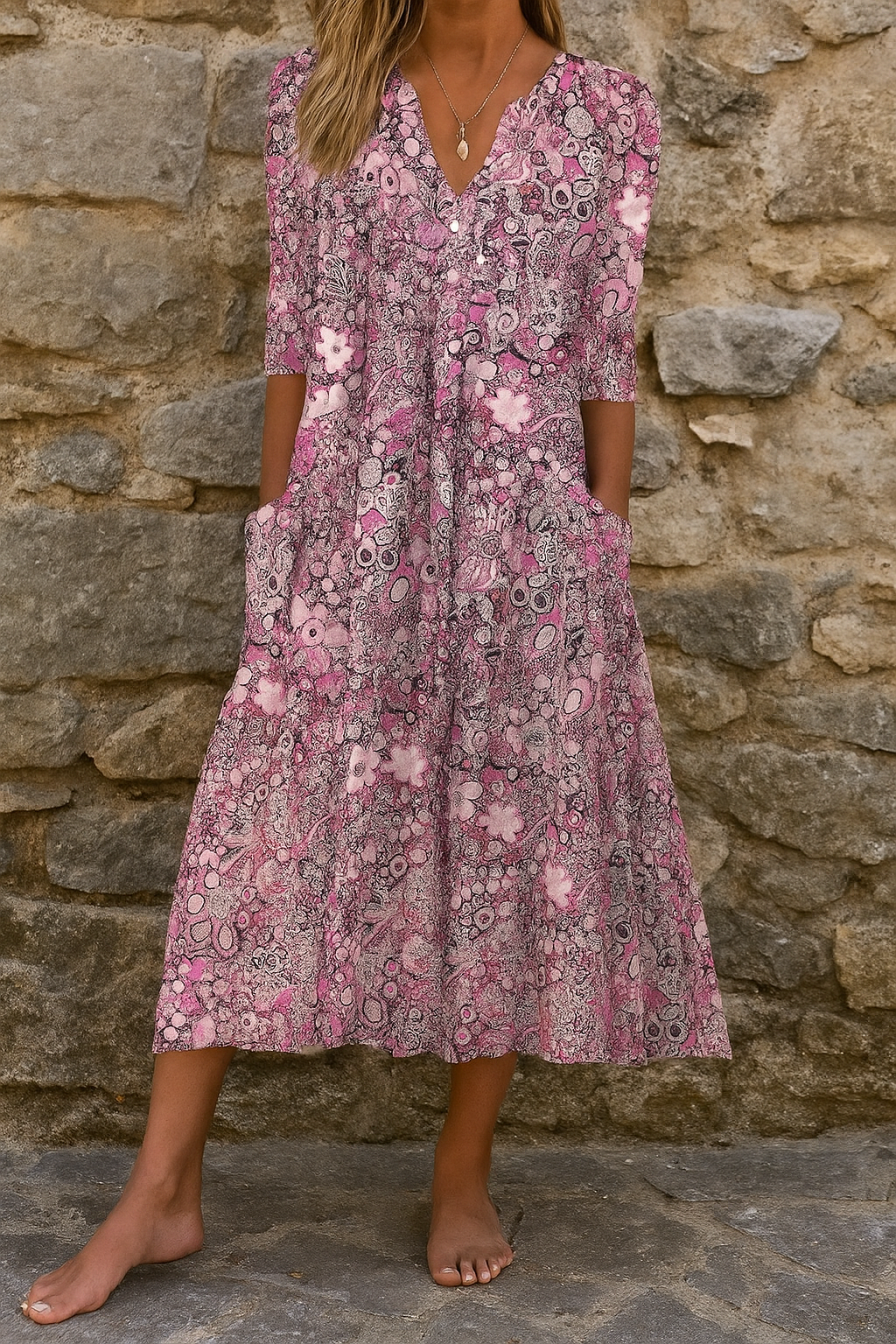 Eliskaa | Floral V Neck Midi Dress
