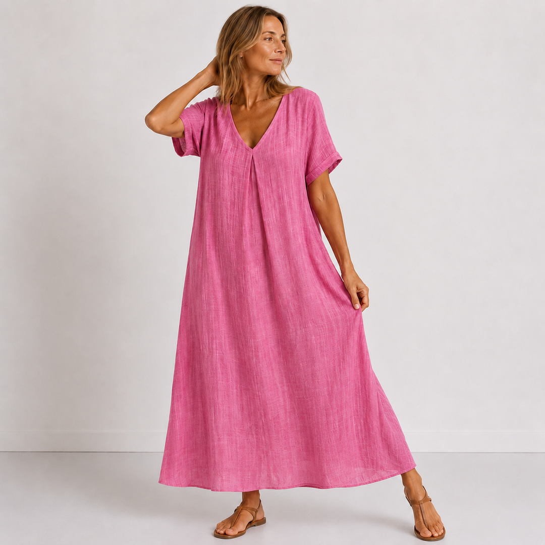 Julessa | V-Neck Short Sleeve Flowing Maxi Dress