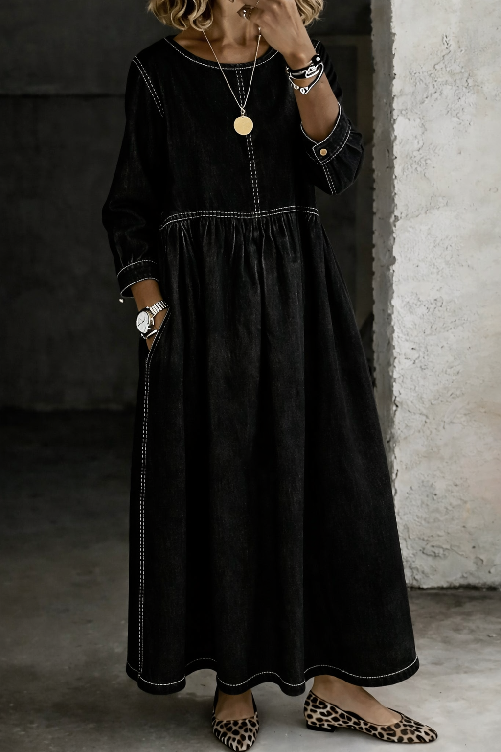 Stelzer | Denim-Style Round Neck Long Sleeve Maxi Dress