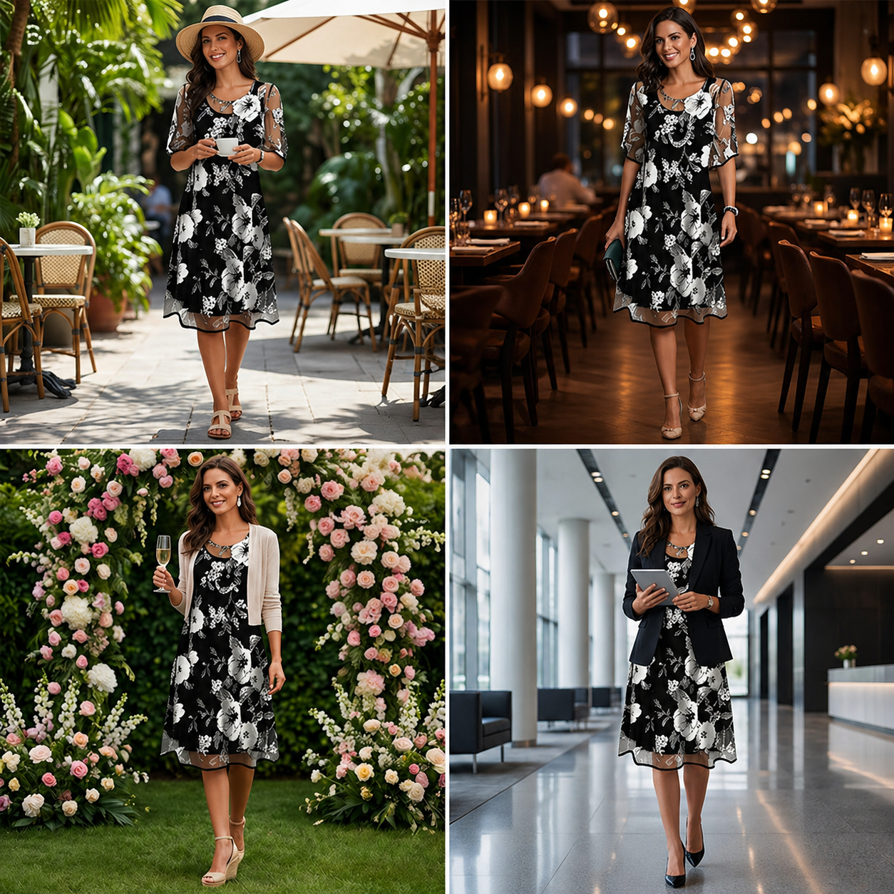 Noay | Floral Mesh Sleeve Midi Dress
