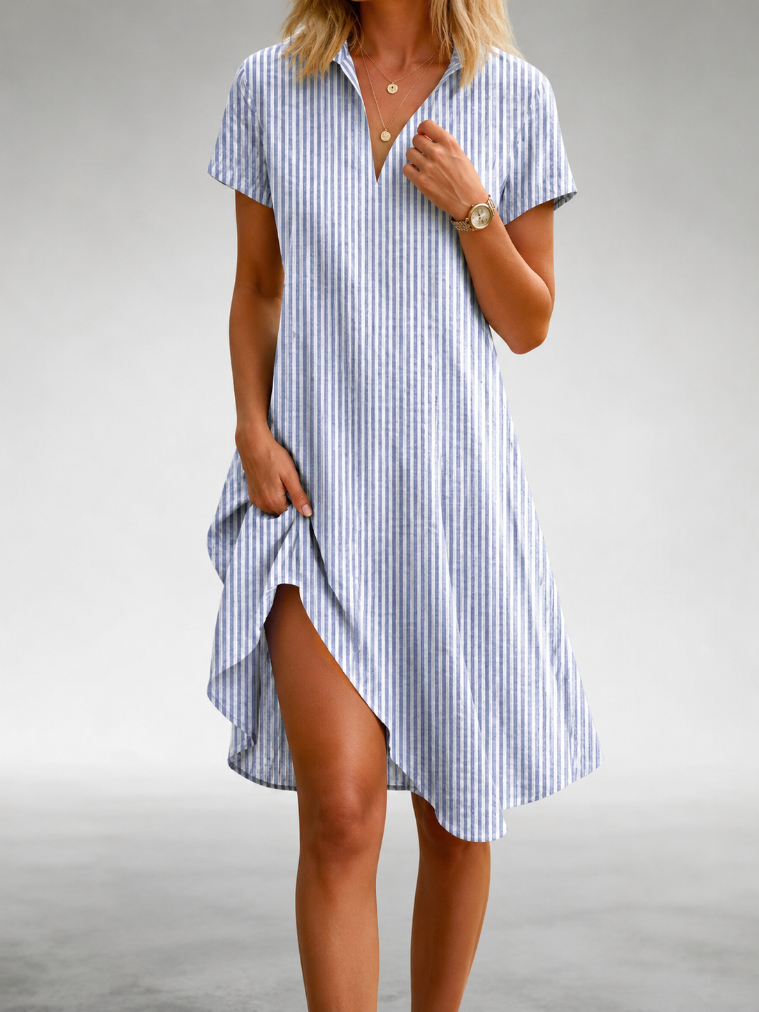 Heejin | Printed Short Sleeve Collared Midi Dress