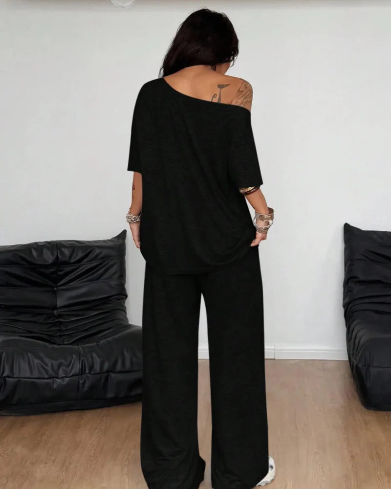 Ratirat - Off Shoulder Wide Leg Pants Set