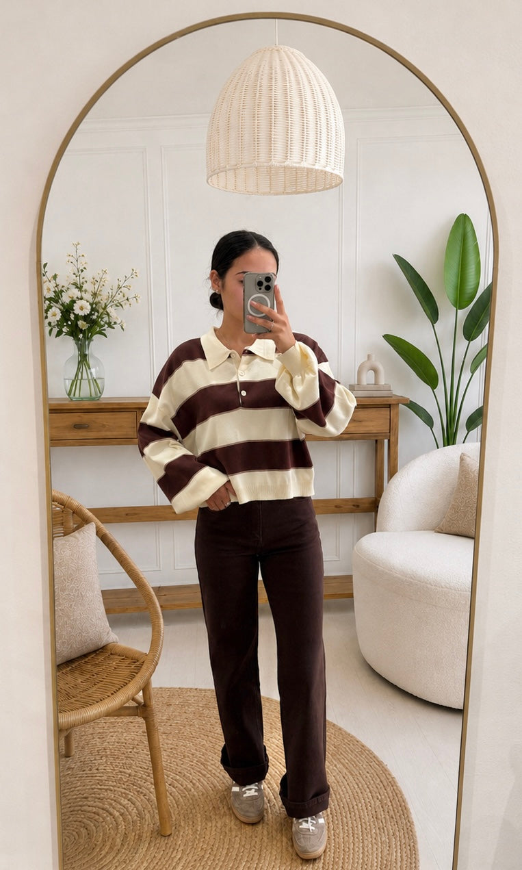 Fatime | Striped Long Sleeve Collared Knit Pullover