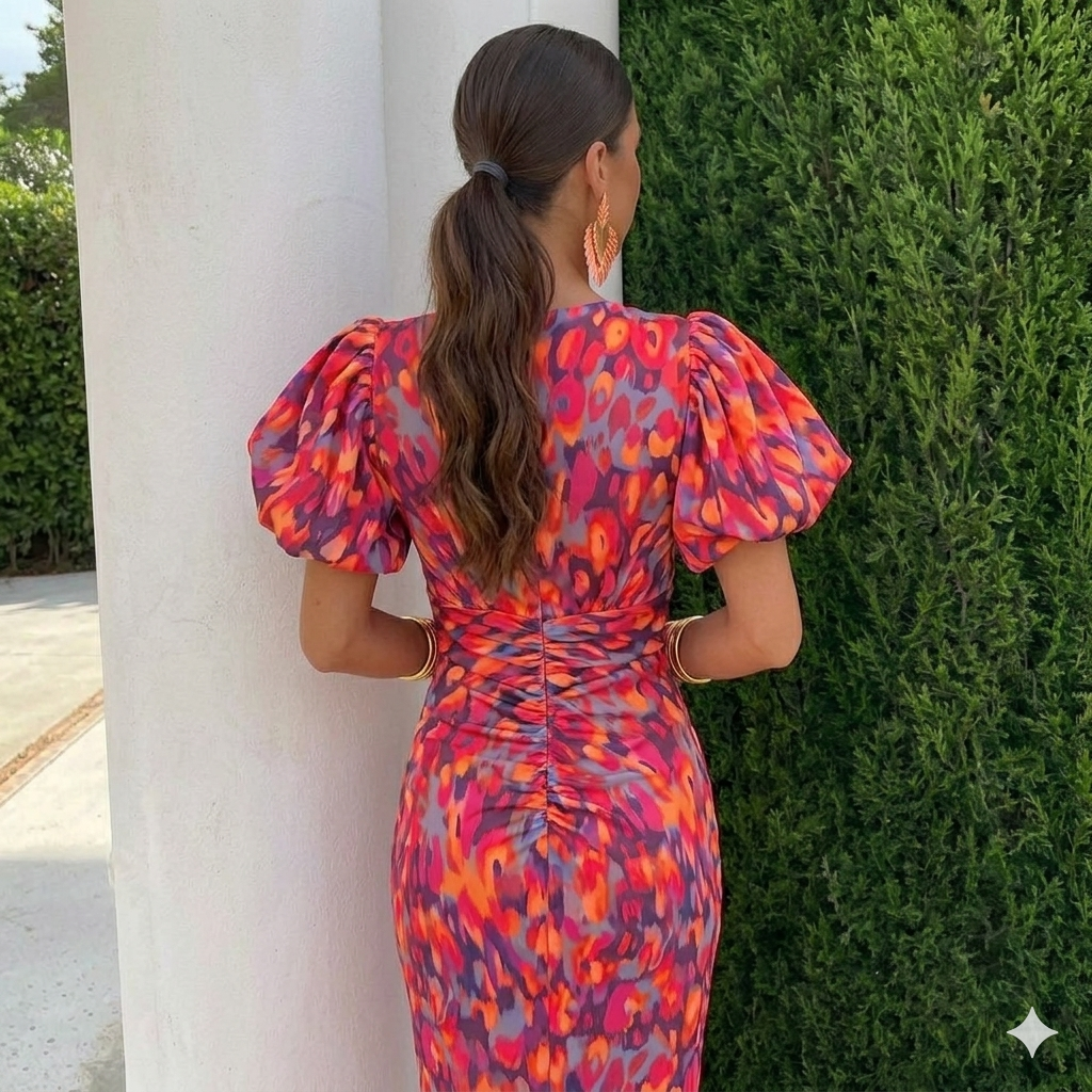 Nutta | Printed Midi Dress with Puff Sleeves